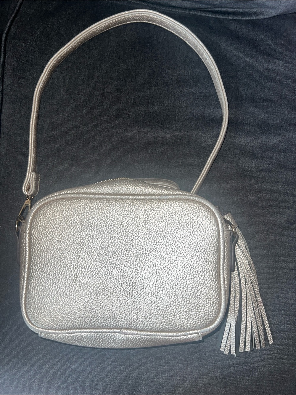 Everyday Metallic Silver/Pewter Crossbody Bag with Tassel